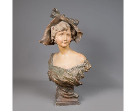 Goldscheider ceramic Bust, of a young girl with cap and original paint, signed and stamped on the reverse, late 19th century,