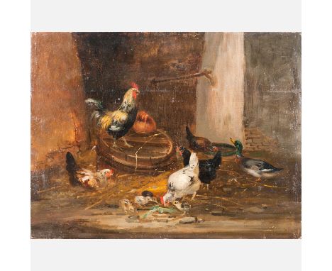 Artist 19th century, the chicken farm, oil on wooden panel,27x35cm