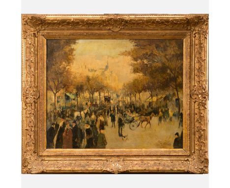 Parisian Artist 19th Century, crowed street scene on a Boulevard oil on wooden panel framed 40x50 cm 
