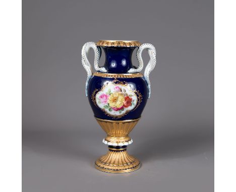 Meissen porcelain Vase  with snake  handgrips, amphora shape, decorated with flowers, gild on blue and white ground, glazed, 