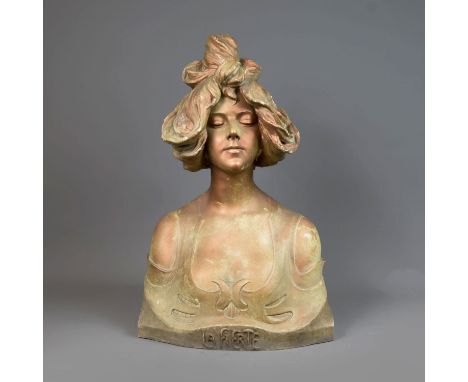 Goldscheider Bust, la Fierté, ceramic stamp on the reverse and numbered, remains of original colors, early 20th century, 63cm