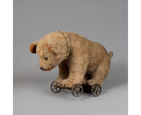 Teddy bear, textile with glass eyes and nose on iron wheels and leather neck band, one wheel missing, used condition, first h