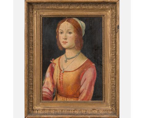 Domenico Ghirlandaio (1448-1494)-manner, , Portrait of a young lady with pearl necklace , tempera on wooden panel framed, 40x