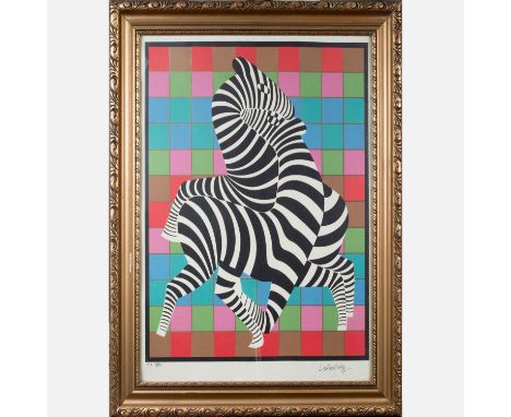 Victor Vasarely (1906-1997) graphic, two zebras, color lithograph on paper, numbered and handsigned, framed under glass, 65x5