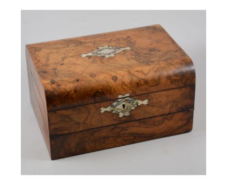 Victorian walnut writing slope, with mother of pearl inlaid top, with red silk lining, 31cm.