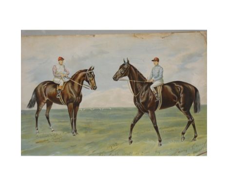The double event as given by Lavry Luny in ''The People', a coloured print of two racehorses and their jockeys, Black Sand (R