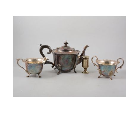 Mappin & Webb sugar bowl, toast rack, cream jug, teapot; electroplated pepper pot column, engraved.