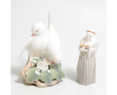 Royal Worcester candle snuffer, The Monk, from the Connoisseur Collection, 12cm; and a Royal Copenhagen group of two doves. (