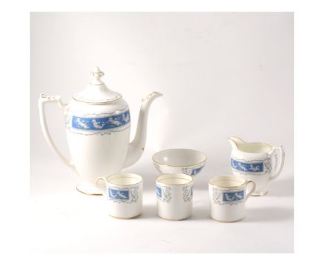 Coalport bone china coffee set, "Revelry" pattern, comprising a coffee pot, 23cm, milk jug, sugar bowl, six cans and saucers.