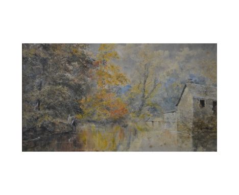 Edward Tucker (British c1825-1909), a watercolour landscape, figures by a lake and a stone barn, 19cm x 35cm, signed E Tucker