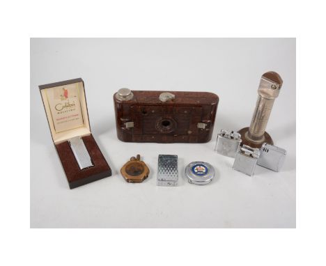 A Kodak brown bakelite camera,  "No.2 Hawkette", cigarette lighters to include a cylindrical table lighter 15cm, boxed Colibr