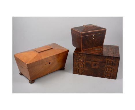 Wooden box, with marquetry inlay, with a brass inscription plate and brass lock, a wooden rectangular tea caddy and another s