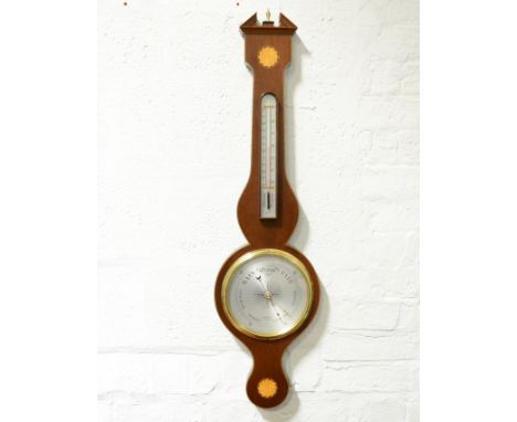 Contemporary banjo-shaped barometer, silvered dial, signed Russell, Norwich, thermometer over, 97cm.