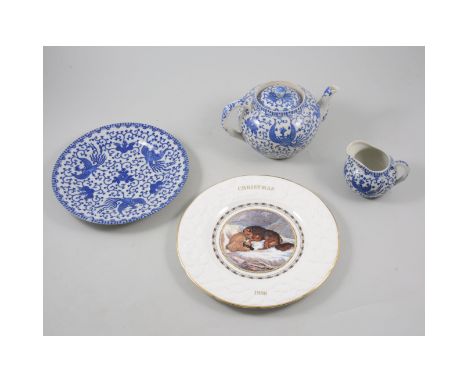 Contemporary Chinese blue and white teaset, Bavarian tea cups and saucers, and Coalport collectors plates.