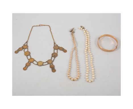 Quantity of jewellery, to include two strings of pearls - one cultured and one simulated, a coin necklace, gold-plated bangle