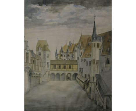 English School, courtyard, print.