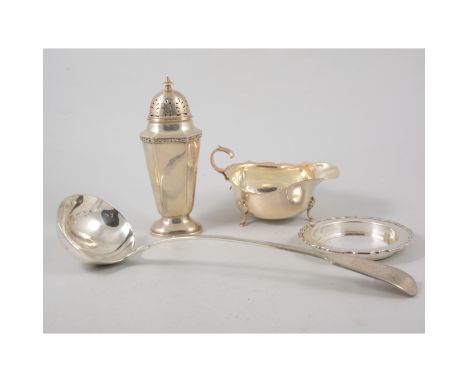 A silver sauce boat, sugar caster, dish ring and silver-plated soup ladle in the fiddle pattern. (4)