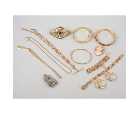 A collection of gold and costume jewellery to include:- a 9 carat yellow gold gate link bracelet, flat foxtail link chain 40c