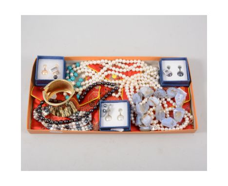 A collection of cultured and simulated pearl jewellery, necklaces and stud earrings, a rough blue lace agate necklace and a g