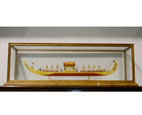 Scale model, Royal Barge of Thailand, in hardwood framed display case, overall length 140cm.