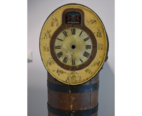 Folk Art clock, free-standing, designed with a barrel hood, and a ship's funnel trunk, dial painted with coopers, rudimentary