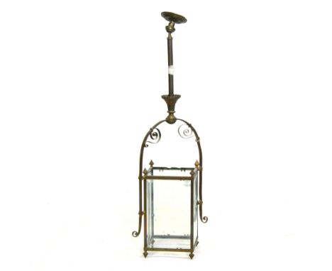 Victorian brass hall lantern, square section with engraved glass panels, overall height, 88cm.