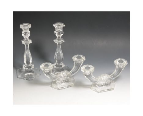 Pair of Val St Lambert two light candelabra, width 20cm; and a pair of Val St Lambert candlesticks. (4)