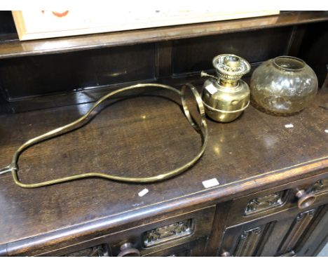 Brass hanging light, with tinted glass shade.
