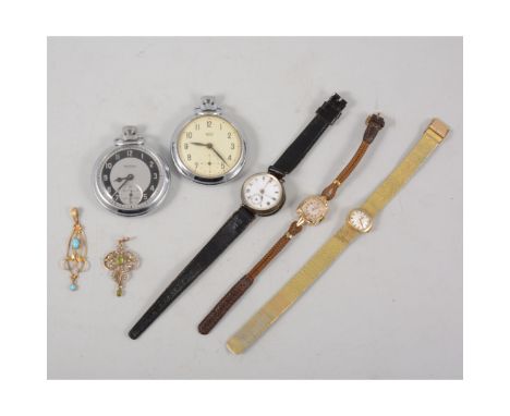 Edwardian peridot and seed pearl pendant and a turquise pendant, lady's gold wristwatch; white bangle; collection of watches.