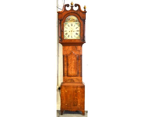 Mahogany longcase clock, swan-neck pediment, brass finials, hood with turned and fluted columns, short arched door, bracket f