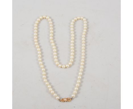A cultured pearl necklace, eight-nine non graduated 5mm pearls strung into a single row 52cm long and fitted with a 9 carat y
