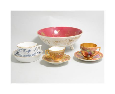 Cabinet ceramics, Minton "Japanese Crane" blue and white moustache cup and saucer with Victorian registration kite mark, a Co