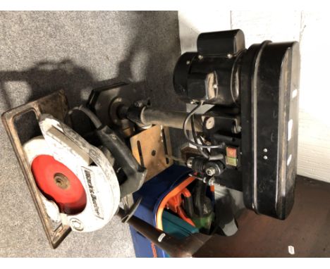 Rolson pillar drill, work bench and hand tools.