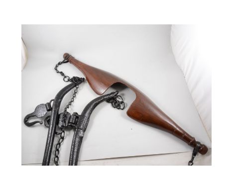 Yoke, shears, hand tools, pair of horse harness, Aero Broadcast seed sower and a milking stool.