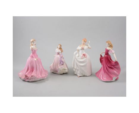 Four Doulton and Coalport figurines, Royal Doulton "Dawn" and "Emma", Royal Worcester "Rachel" and a Coalport figure.