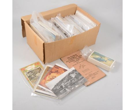 Box of first part 20th Century postcards, mainly topographical and art cards, box of loose cigarette cards, playing cards, "T