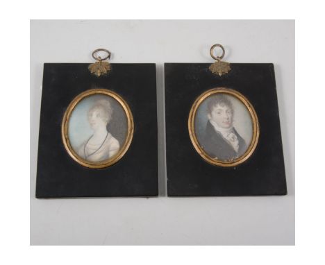 Regency oval portrait miniature, James Newbon, shoulders length, 7cm x 5.5cm; and a   companion miniature. (2)