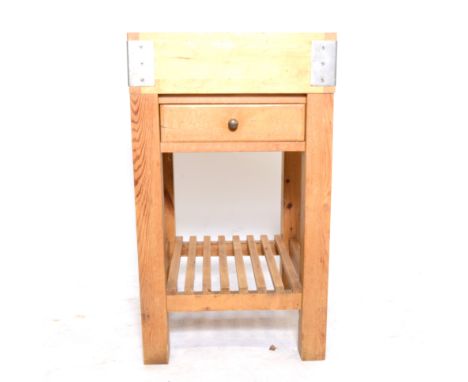 Pine butchers block, square top, drawer, square legs joined by a shelf, 52cm.