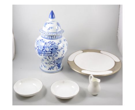 Royal Doulton bone china part table service, Mystique pattern, blue and white covered jar, and an overlaid earthenware charge