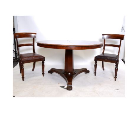 Dining table, tilt top, tripod base, diameter 121cm; and four bar-back dining chairs.