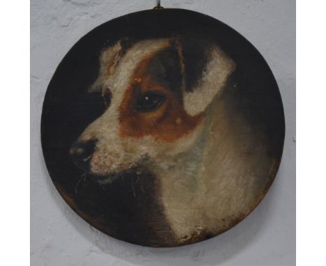 English School, 19th Century dog portrait, oil on wooden panel, tondo, diameter 23cm, the panel stamped W &amp; G Buszard, Lo