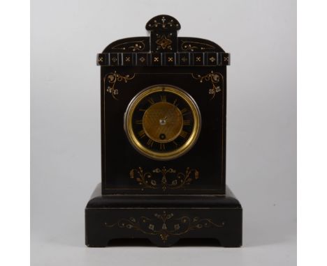 Victorian slate mantel clock, architectural case, circular dial, cylinder movement non-striking, 36cm.