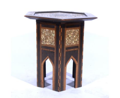 Ottoman inlaid stand, hexagonal top, mother-of-pearl decoration, width 49cm, height 52cm.
