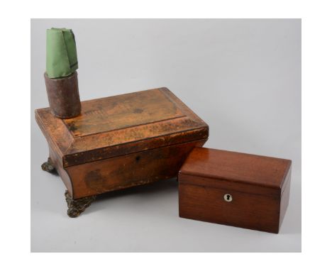 Georgian work box, lid decorated with a view of ancient ruins, side panels with printed views, cast feet, fitted interior, 29