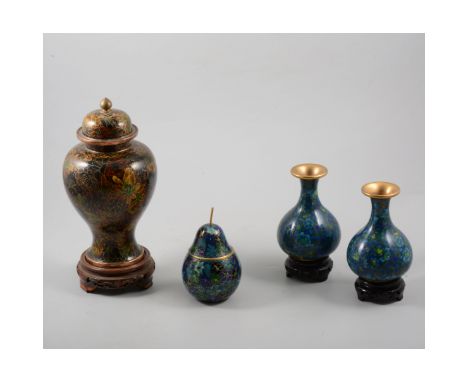 Contemporary Far Eastern cloisonne covered vase on stand, 26cm; pear shape cloisonne jar; and a pair of vases.