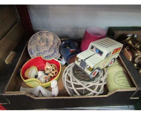 A box of miscellaneous including Henry Watson tea and coffee canisters, pottery chickens, ceramic figurine, lamp etc