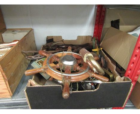 A box of mixed bygones including bugle, miniature ship's wheel, etc