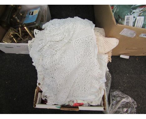 A box of textiles including crochet