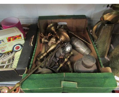 A box containing metalwares including fire tools, candlesticks, copper urn etc.