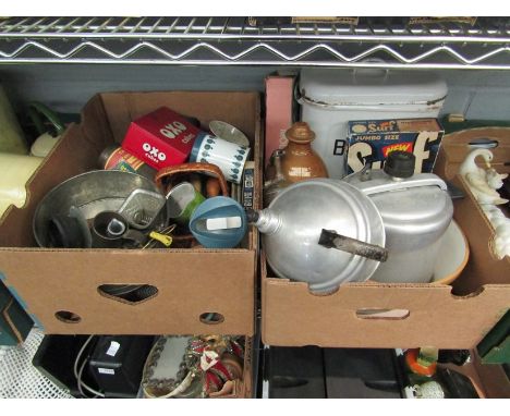 Two boxes of mixed vintage kitchenalia including mixing bowl and enamel